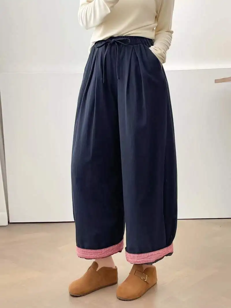 جديد 2025 الشتاء رشاقته السراويل المستقيمة ، المرأة مرونة الخصر منقوشة المرقعة ، موري فتاة الحد من العمر بناطيل كاجوال B5D228CC