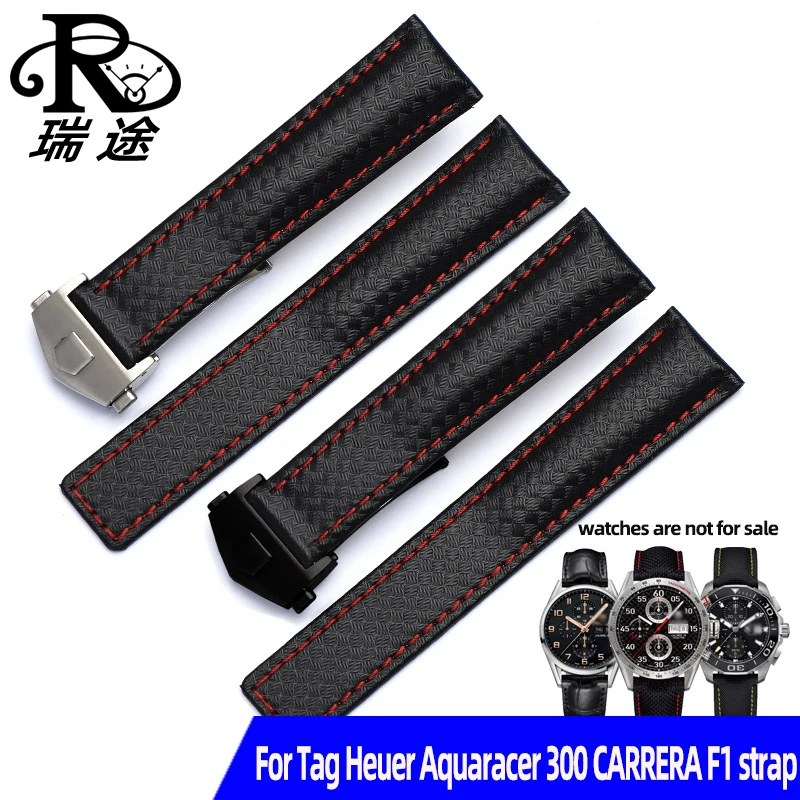 

Waterproof carbon fiber lea-ther strap for TAG Heuer Aquaracer 300 Heritage 6/Carrera folding buckle watchband 19/20/22mm