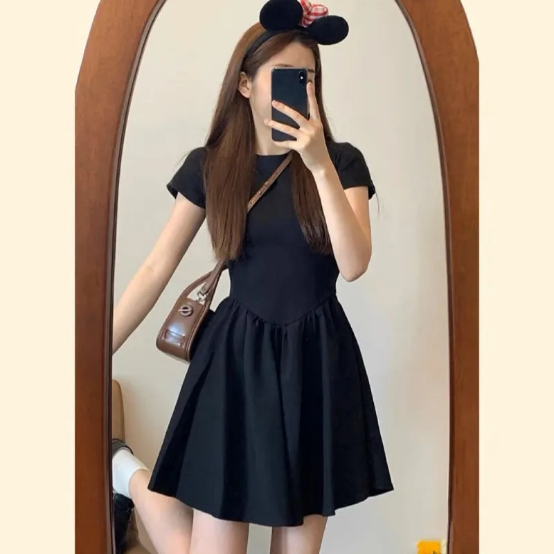 Dress Women Summer Chic Elegant Street Ins Korean Style Mini Simple All-match Short Sleeve Fashion Solid Ladies Vestidos Holiday
