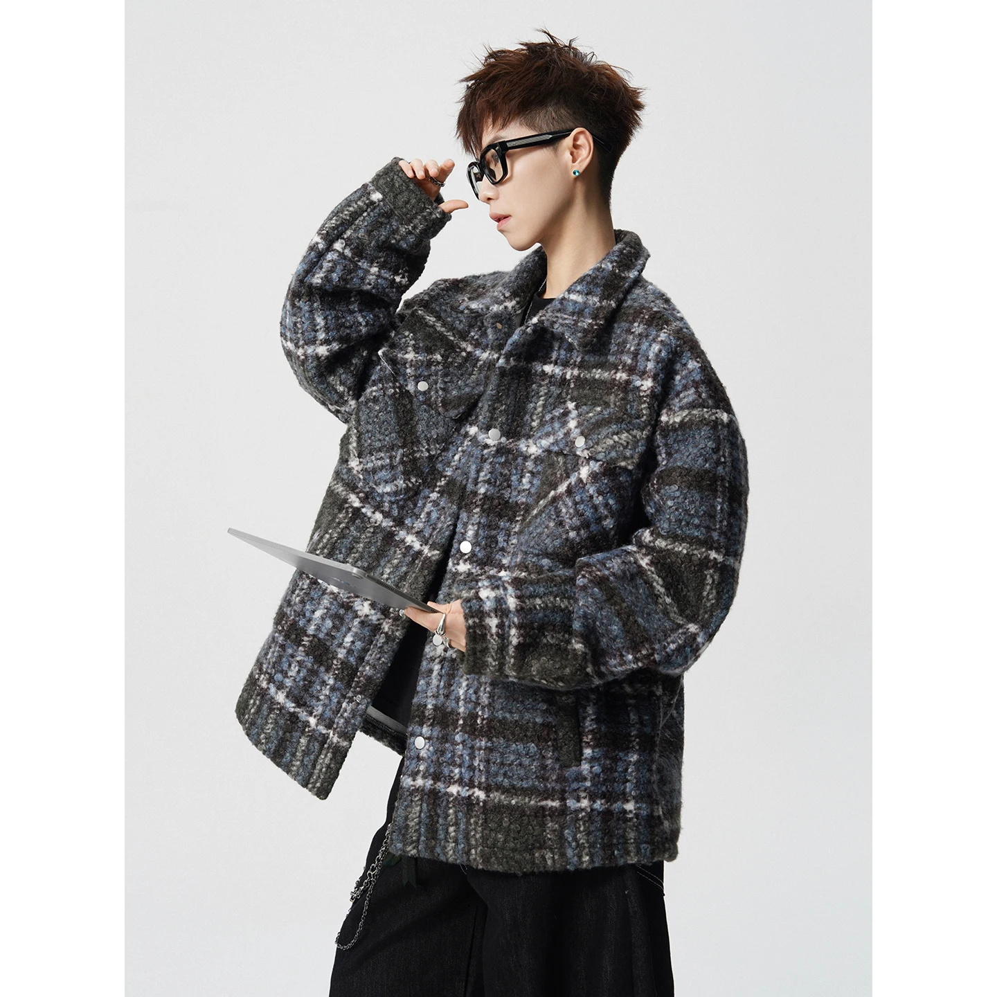 Tweed plaid cotton jacket, retro large-sized with cotton interlacing, thickened small chanel-style looped plaid coat, personaliz