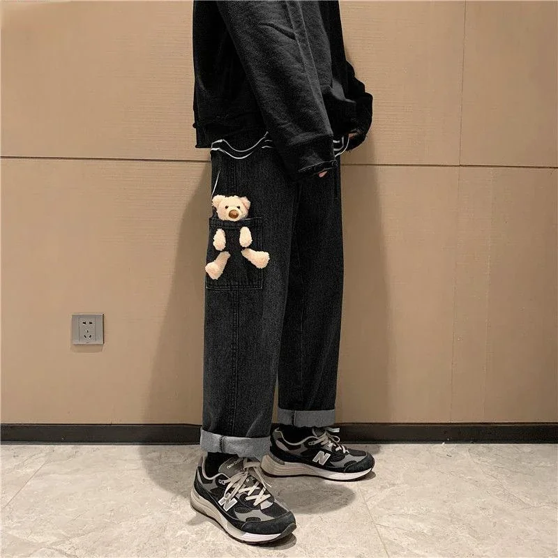 2023 New Fashion Bomb Street Jeans Men's Casual Pants Cute Pocket Bear Harajuku Wide Leg Pants Denim Pants Trend