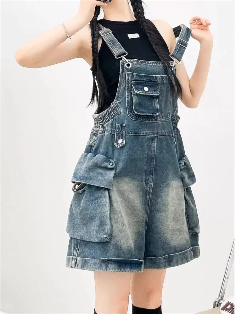 American Vintage Denim Overalls Women Fashion Wide Leg Jumpsuit Slim Fit Loose Design Youthful Style Short Romper