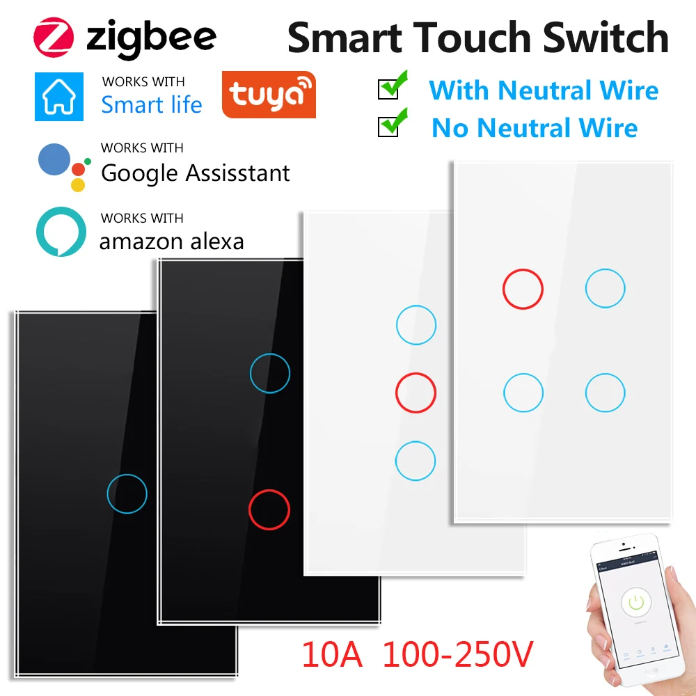 

Панель-переключатель ZigBee для умного освещения, сенсорная, стеклянная, 1/2/3/4, Tuya, для розеток ЕС/США, голосовой помощник Alexa, Google Home