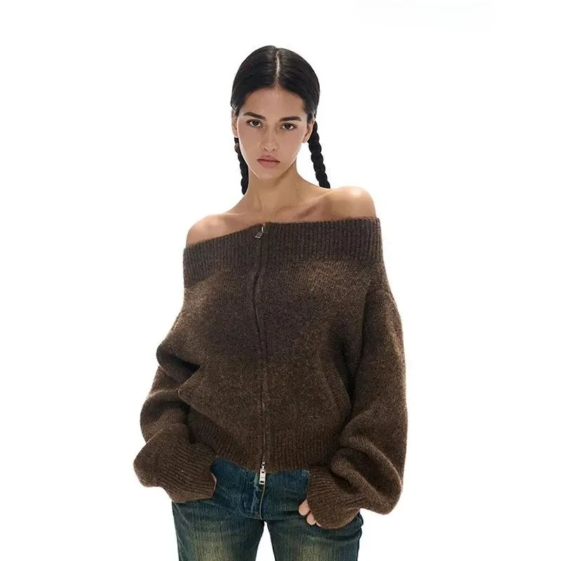 

Women's Zipper Design Off Shoulder Knit Sweater Vintage Autmn Female Loose Long Sleeved Solid Color Knit Tops