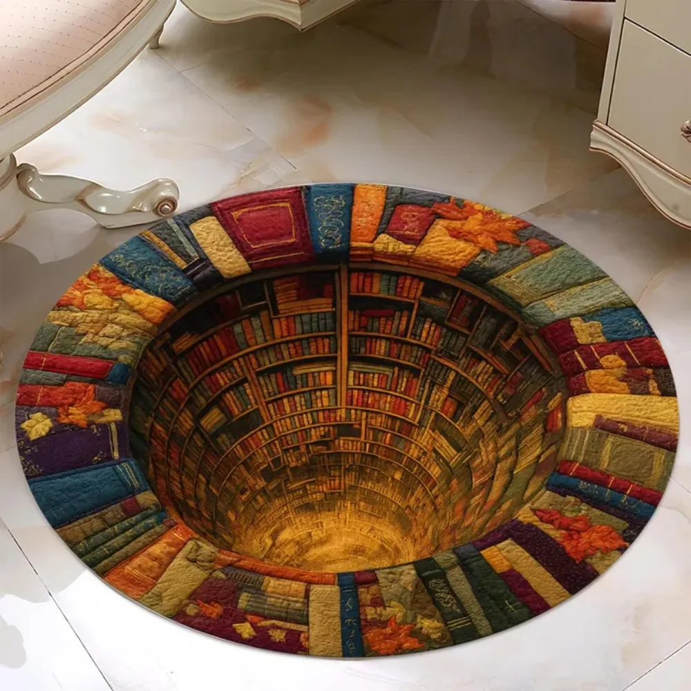 Lantern Enchanted Library Spiral Stairs 3D Illusion Round Rug – Cozy Book Nook Decor, Literary Home Gift, Reading Room Carpet