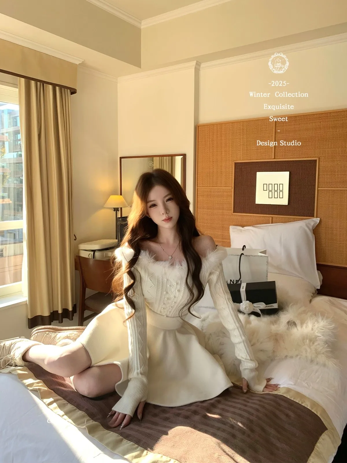 

Модный женский комплект из топа и юбки с жемчугом и стразами, мягкий плюшевый, теплый, для зимы