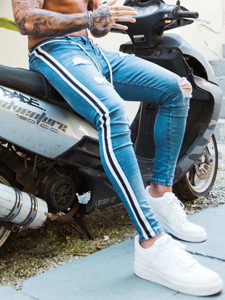 Y2k White Mens Clothing Men\'s Rip Pencil Pants Skinny Jeans Motorcycle Side Stripes Stylish Foot Zipper Hip Hop Slim Fit Jeans