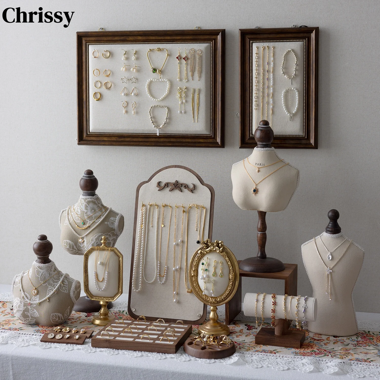 Luxury Necklace Display Portrait Model Wooden Window Jewelry Displays Rack Counter Bracelet Ring Organizer Display Props