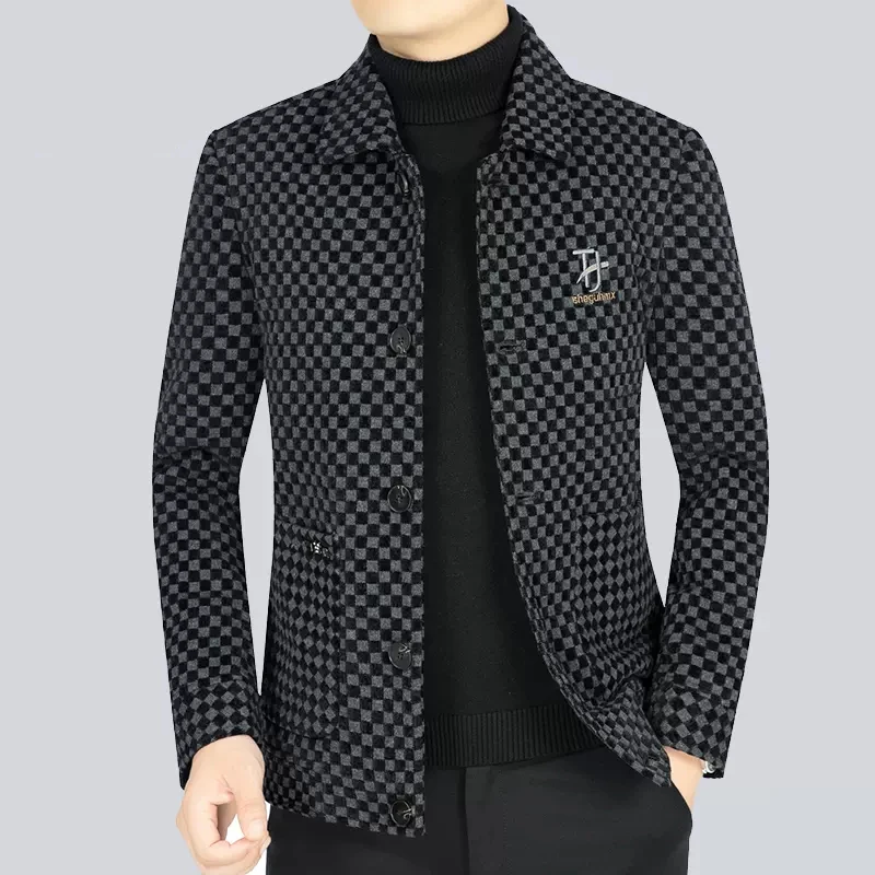 Plaid Business Wool Jacket Men Winter Coats Chessboard Quilted Jackets Lapel Casual Blazer Warm Woolen Tops New Urban Outerwear