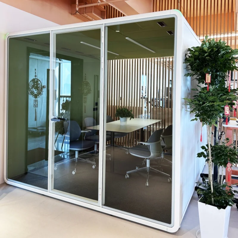 Soundproof Phone Booth Office Pod Glass Door Acoustic Silence Box Integrated Ventilation Power Outlet for Personal Workstation