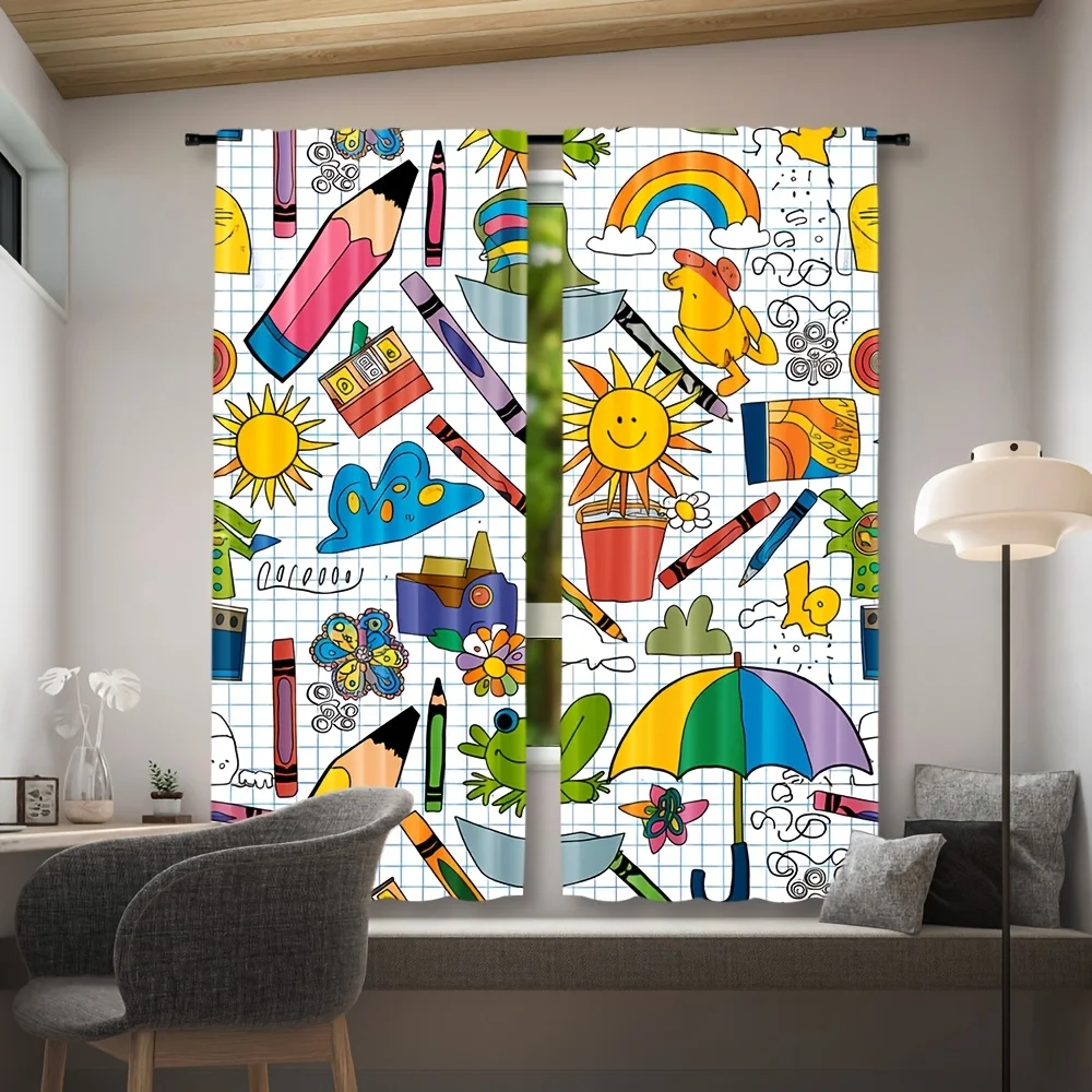 Cartoon Kids Curtain, Colorful Drawing Pattern Drapes, Rainbow Pencil Print Window Curtains, Playroom Decor