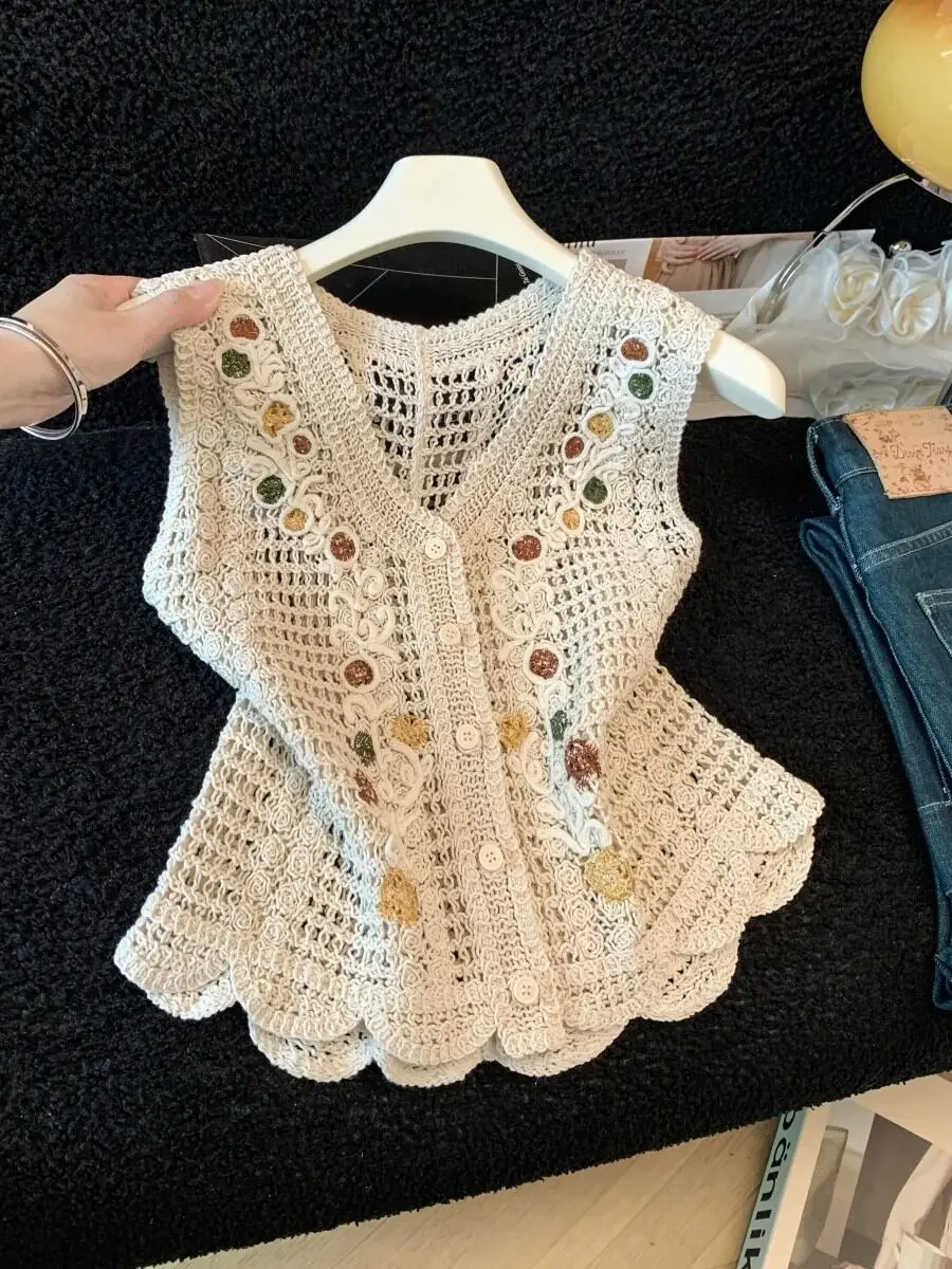 Embroidered Crochet Lace Vest Sleeveless V-Neck Button-down Open Knit Waistcoat Jacket Summer Tops Women Boho Beach Wear