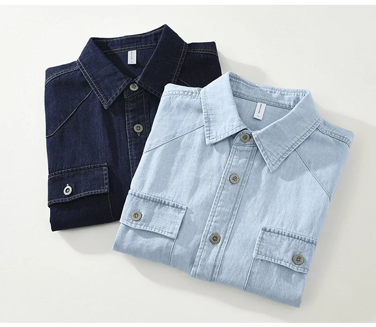 Summer Short Sleeve Denim Shirt Men Daily Causal Loose Blue Jeans Shirt Japanese Double Pockets Shirt Youth Fashion Male Shirts