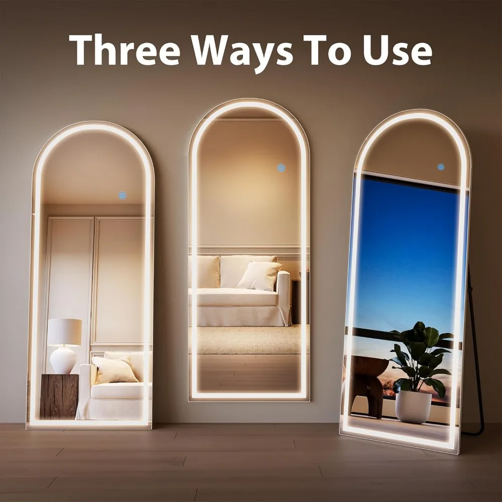 Espelho de chão de comprimento total 56x20 com luzes reguláveis, 3 modos de cor, espelho de corpo inteiro inclinado arqueado