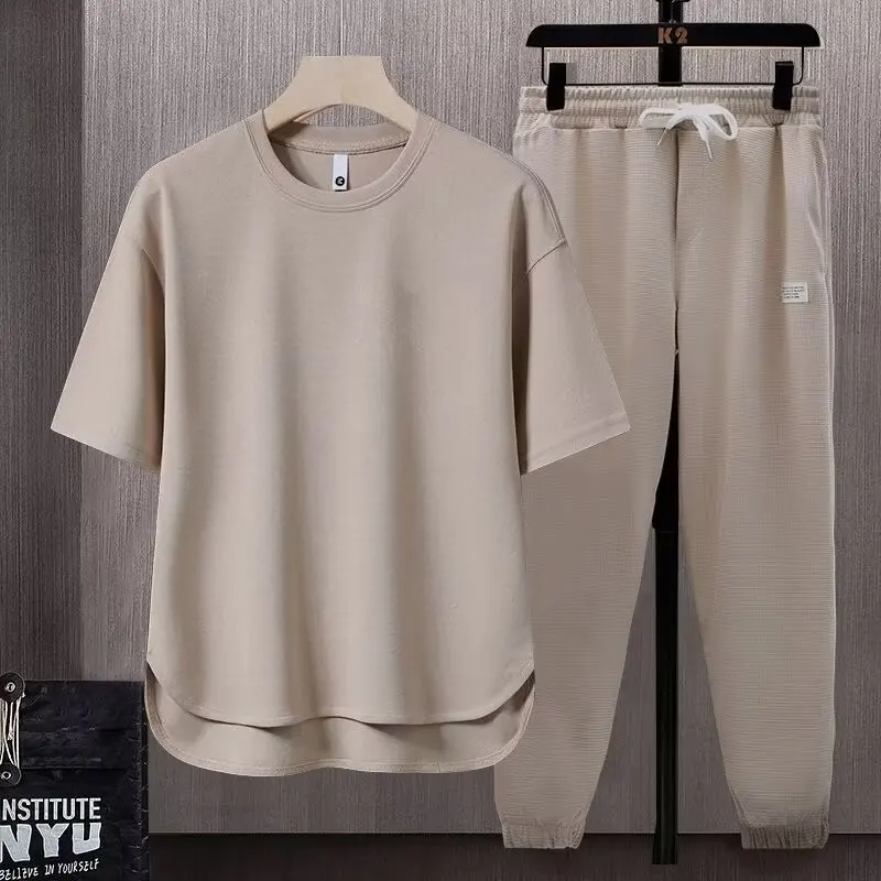 

Paired With A Loose Suit Solid Color Men's T-shirt 2024 Summer Day Fashion Short Sleeve Pants Two-piece Short Sleeve Pants