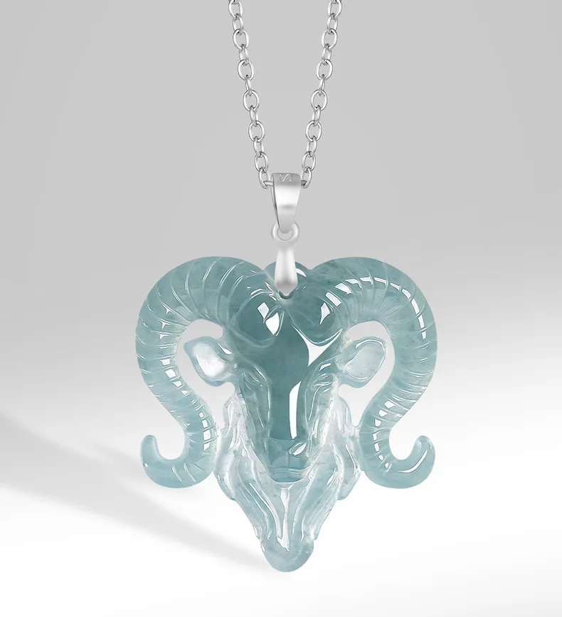 Natural A-grade Jadeite Goat Zodiac Pendant Ice-type Jade S925 Silver Plated Necklace For Men Women Lucky Astrological Jewelry