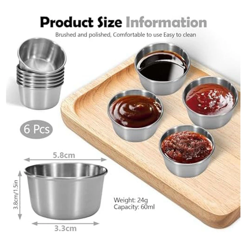 6Pcs 2 Oz Stainless Steel Dipping Sauce Cup, Mini Dip Bowls, Reusable Metal Condiment Cups Ramekins Containers