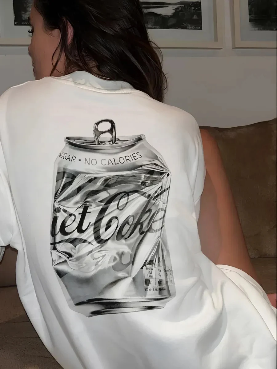 Crushed Soda Can Graphic Print T-Shirt Women Harajuku Streetwear Oversized Summer Short Sleeve Casual Tops Tees