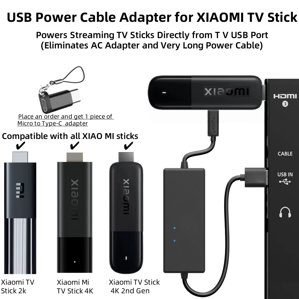Adaptador de cable de alimentación para Xiaomi TV Stick, Power Xiaomi TV Stick directamente desde el puerto USB de TV (elimina la necesidad de un adaptador de CA)