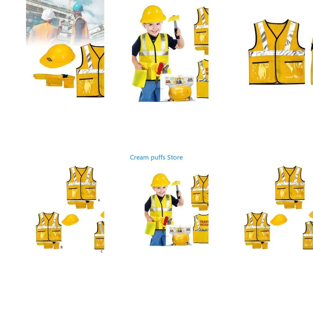 50LE Kids Construction Worker Vest & Hat Belt Dress Up Halloween Construction Worker Costume,Kids Builder Career Outfits