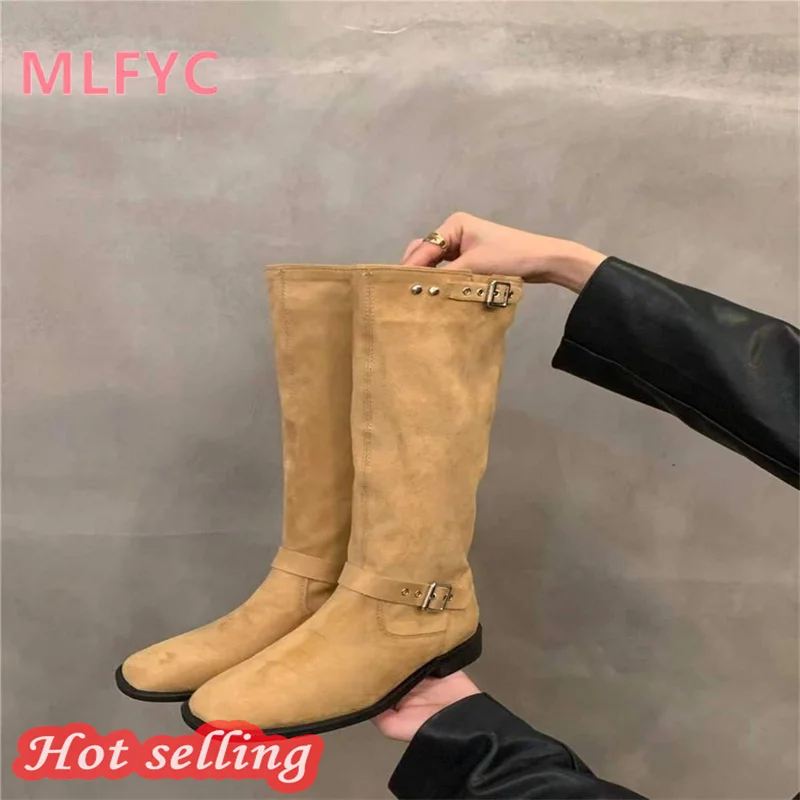 Thick Heel Khaki Mid Sleeve Knight Boots Women's Boots Spring and Autumn 2023 New Vintage Suede Long Sleeve Boots