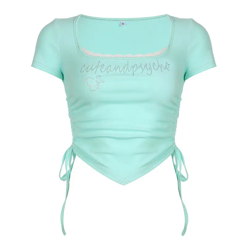 T Shirt Lace Stitching Mint Green Square Collar Lace Up Slim Casual Women 2024 Summer New Y2K High Street Short Sleeves