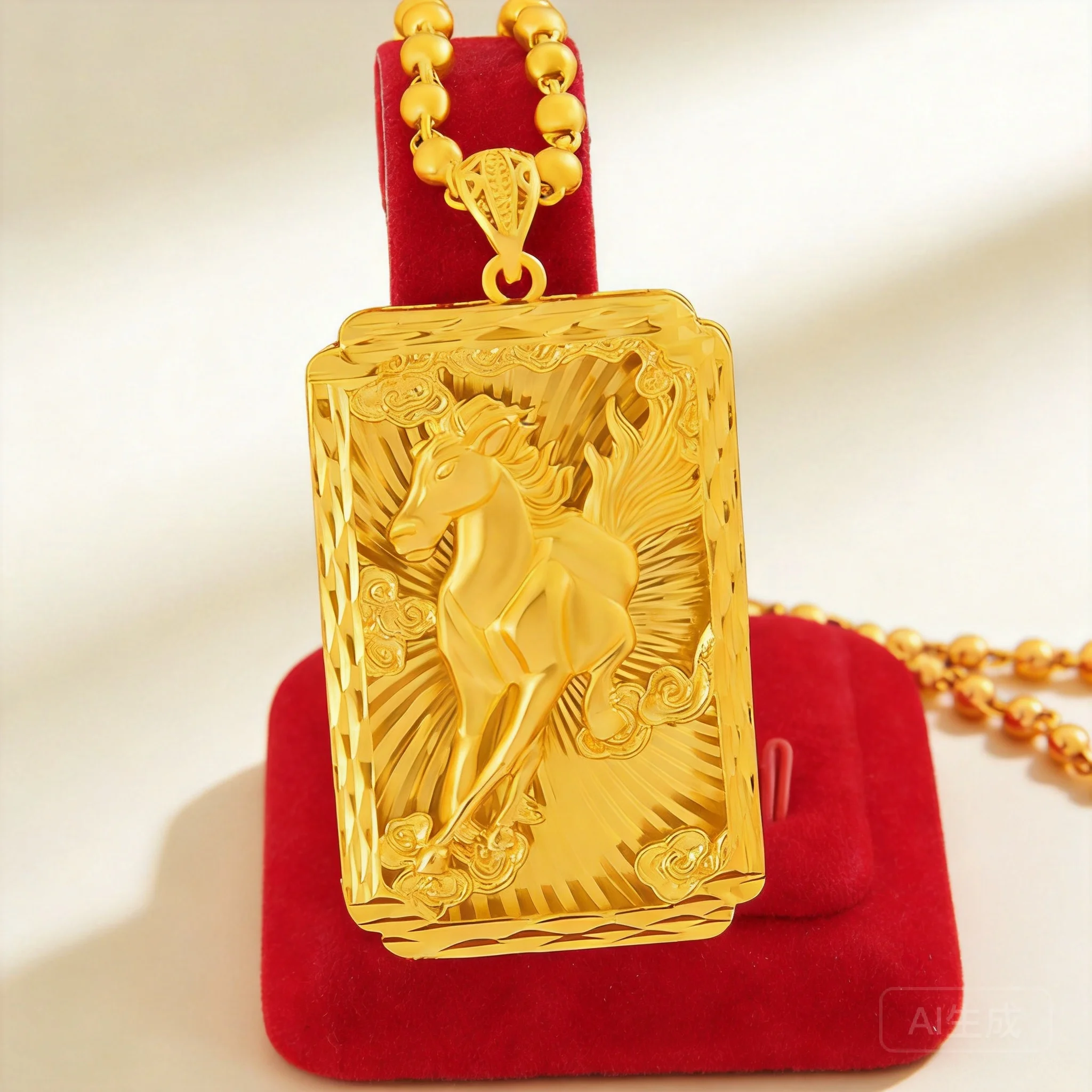2026 Vietnamese Sand Gold Plated Running Horse Square Pendant Necklace For Men Women Lucky Chinese Zodiac Jewelry For Daily Wear