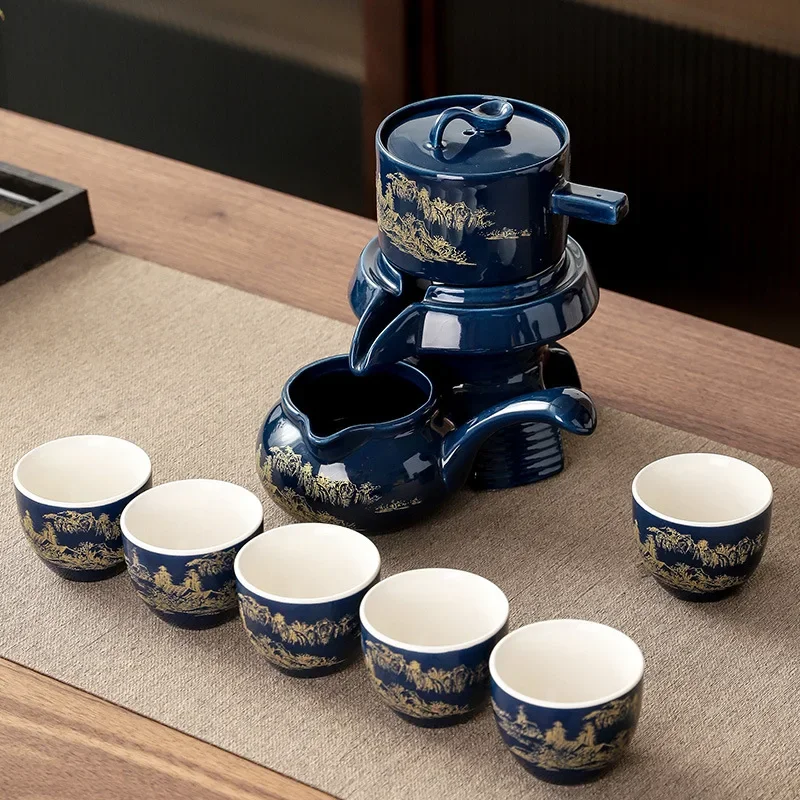 High-end Chinese Tea Set Ceramic Kungfu Tea Set Semi-automatic Rotating Set Water for Tea Making Ceramic Teacup Business Gifts