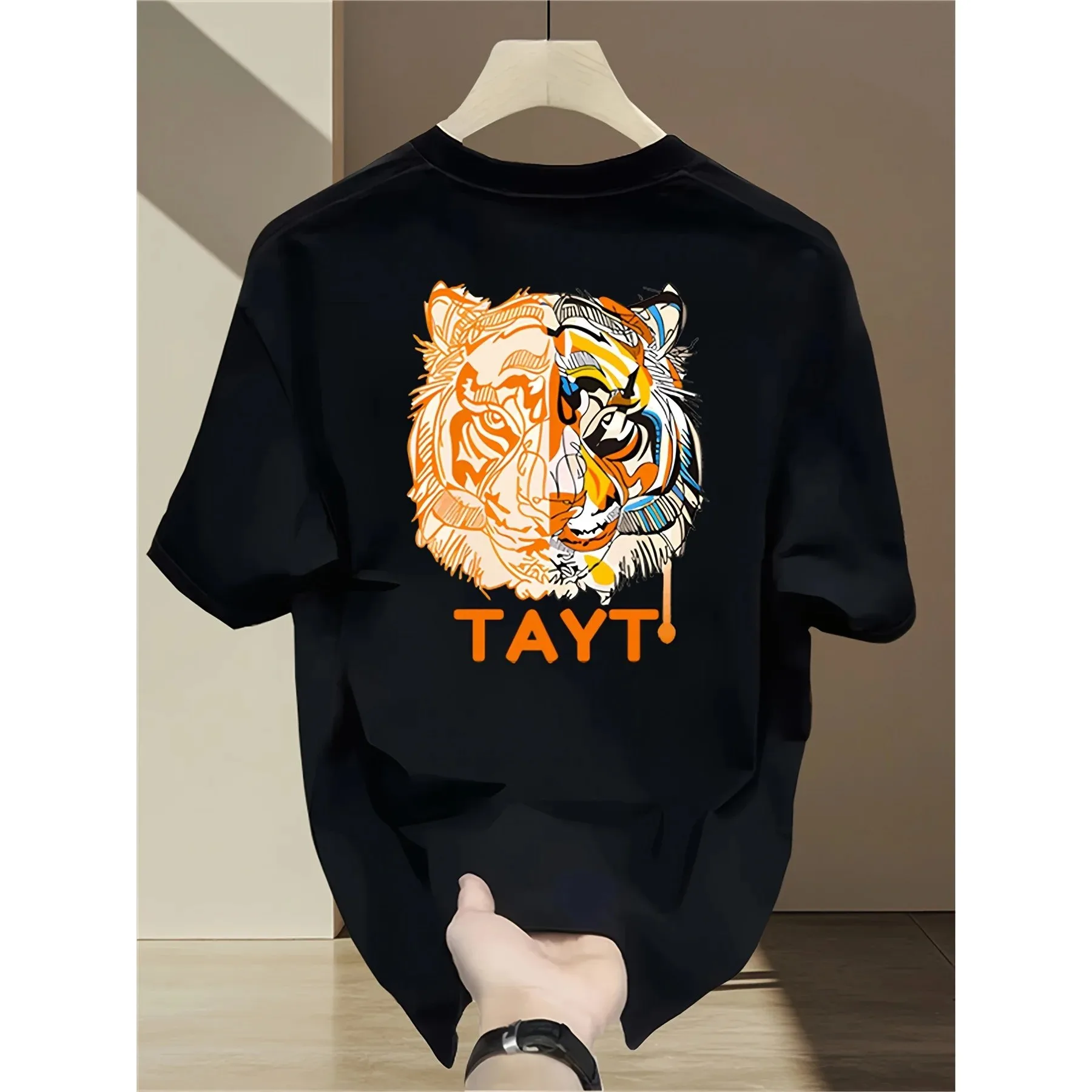 Tiger Graphic Loose Cotton T-Shirt Men Round Neck Breathable Short Sleeve Casual Tee