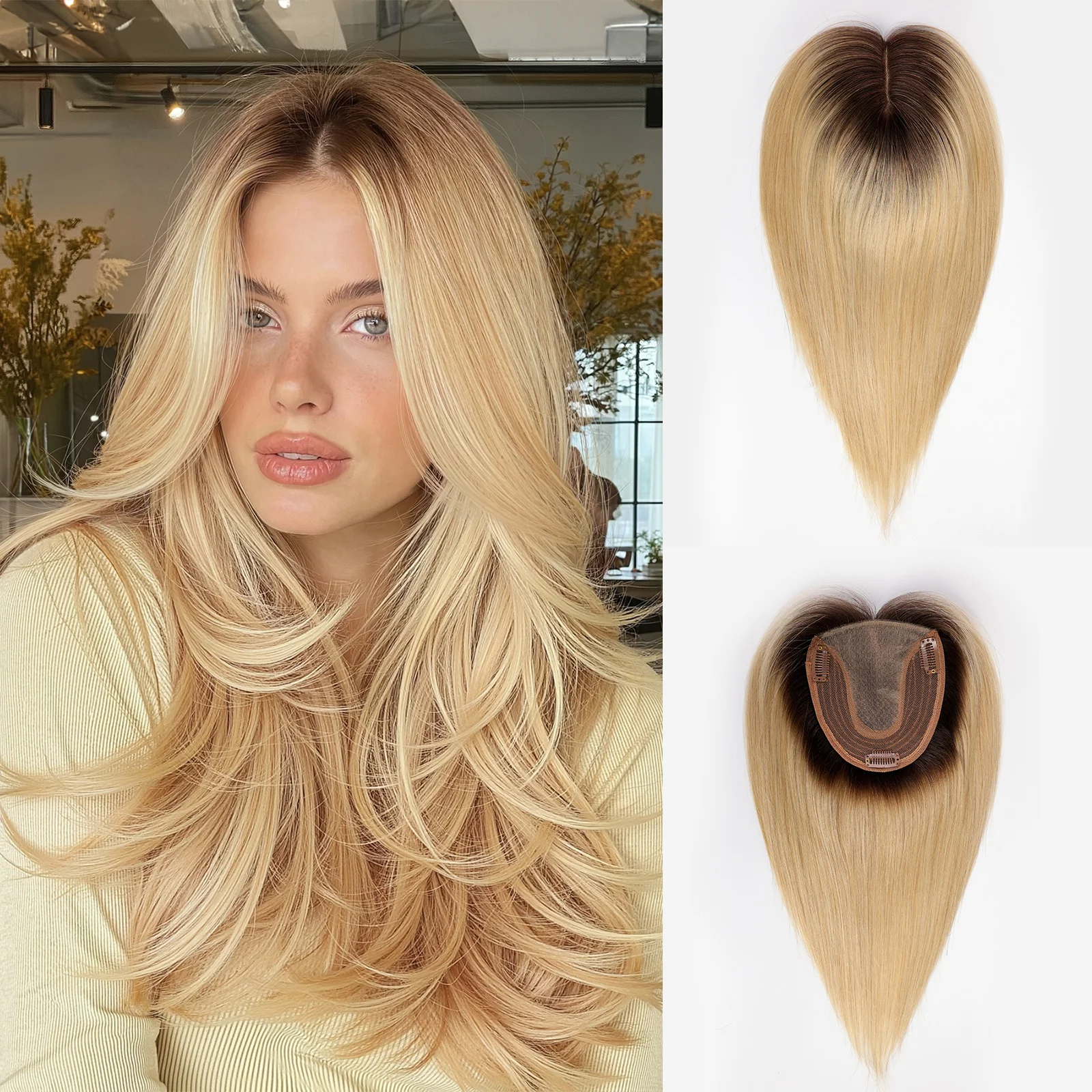 

Blonde Ombre 12 Inch Straight Silk Base Top Human Hair Topper with Bangs Clips 100% Remy Hairpieces for Women Hair Toppers Femal