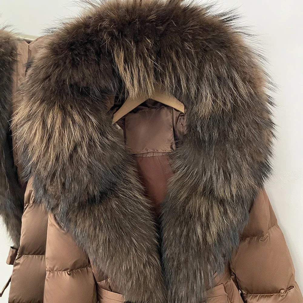 OFTBUY Luxus-Daunenjacke mit Echtfell-Gürtel, Neue Warme Dicke Winterkleidung für Damen, Großer Echter Waschbärpelz-Besatz, Daunenjacke für Frauen – Detail 4