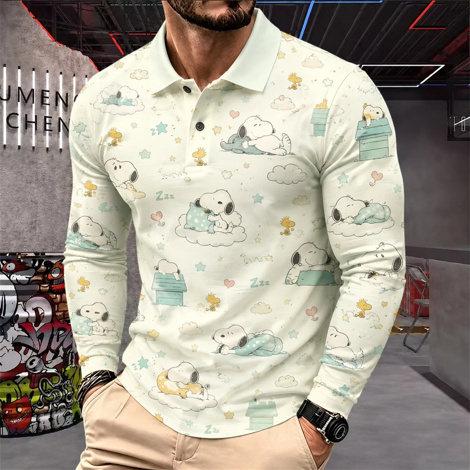 Herren Snoopy Woodstock Langarm-Poloshirt Peanuts Cartoon Grafik T-Shirt Casual Y2K Streetwear Pullover Top – Detail 4