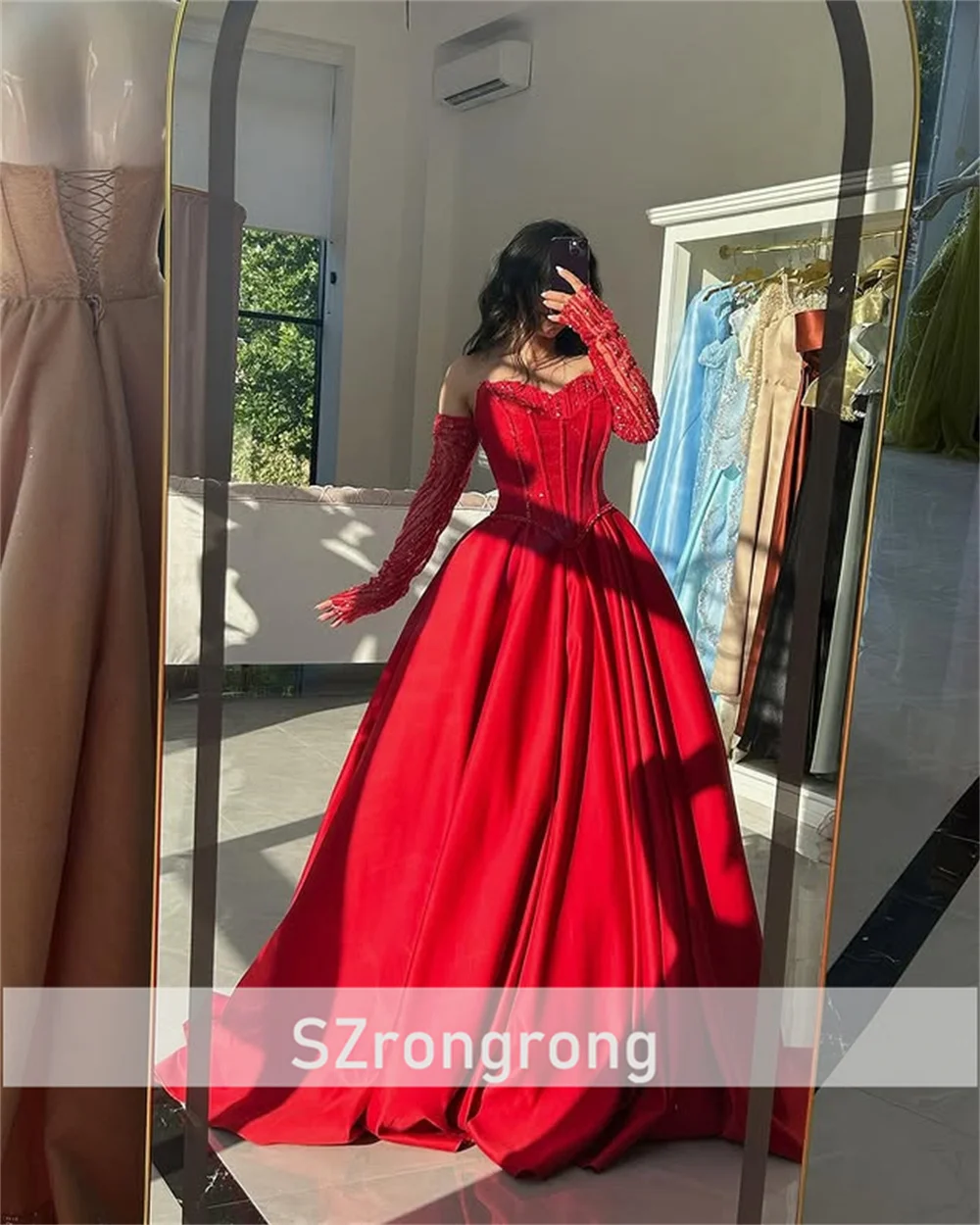 Vestido de fiesta de noche con espalda descubierta y corsé con cuentas y hombros descubiertos, vestido largo de satén sencillo para dama de honor con tren personalizado