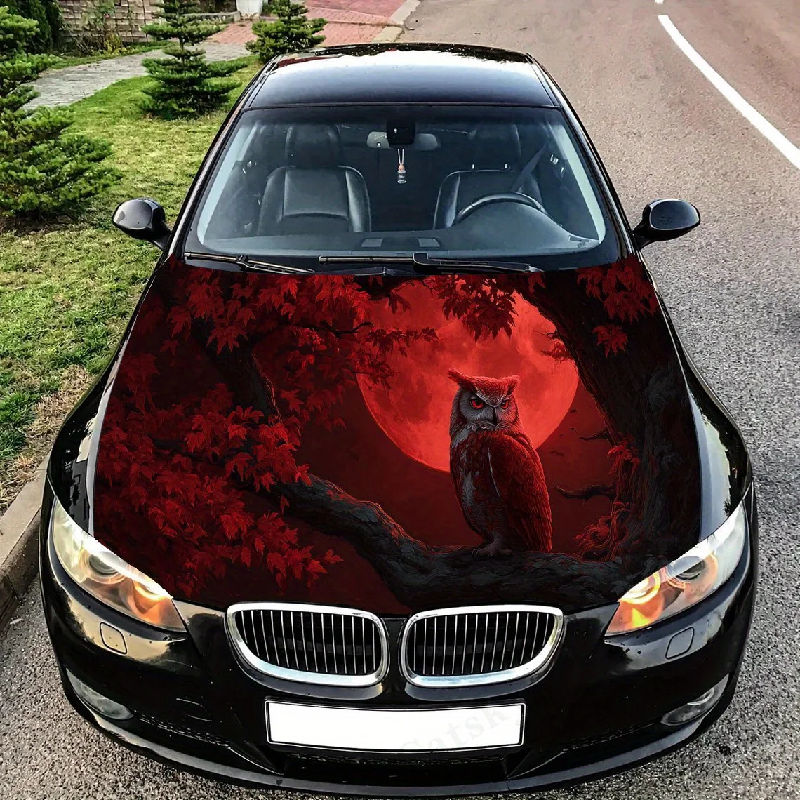 

Художественная таинственная природа-сцена совы с красной луной. Наклейки на капот автомобиля, наклейки для украшения автомобильных чехлов и виниловых.