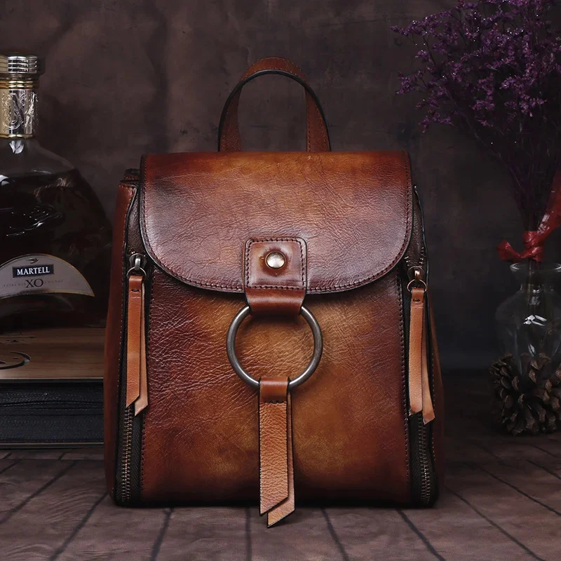 Real Cowhide Women Backpack Daypack Knapsack Girls Travel Bags Style Retro Design Female High Quality Genuine Leather Rucksack