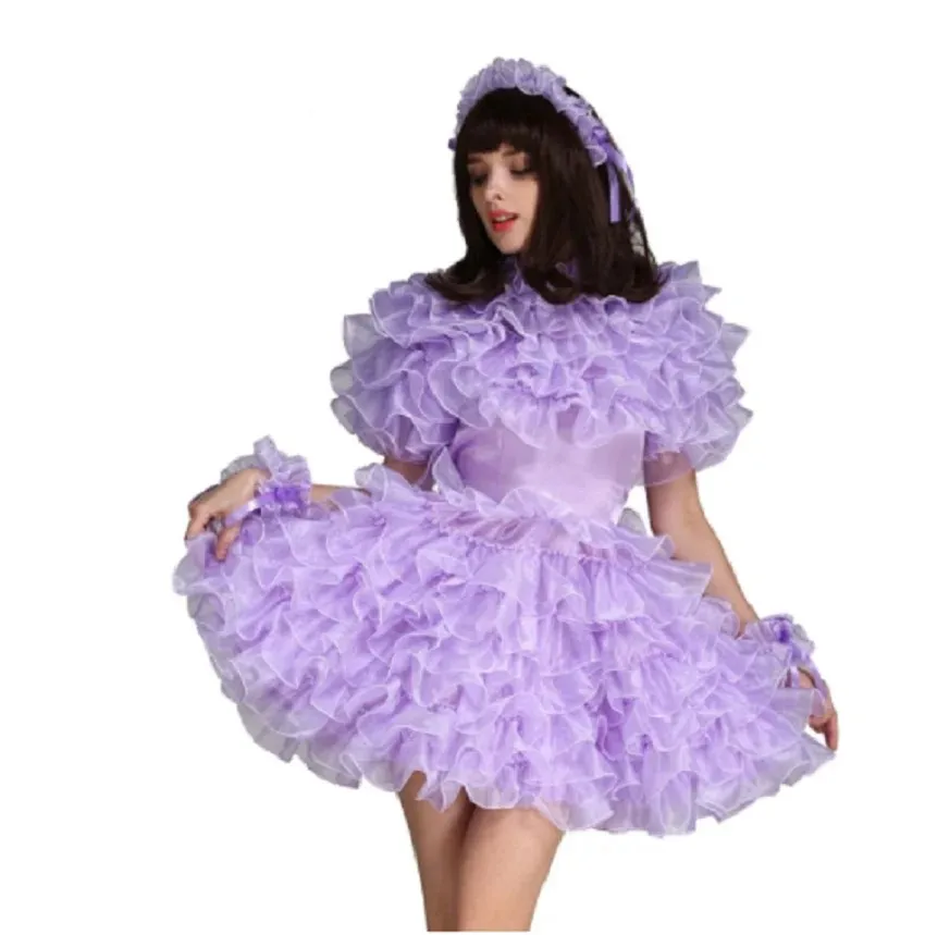 

Girly Girl Lockable Purple Satin Organza Puff Dress Uniform Cosplay Costume Crossdress Customized Glamour Halloween Costume