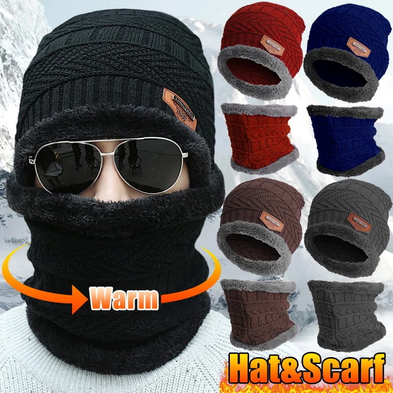 

Men Women Hats Scarf Set Winter Cap Knit Velvet Coral Fleece Outdoor Riding Warm Thicken Plush Neck Protect Skullies Beanies Bib