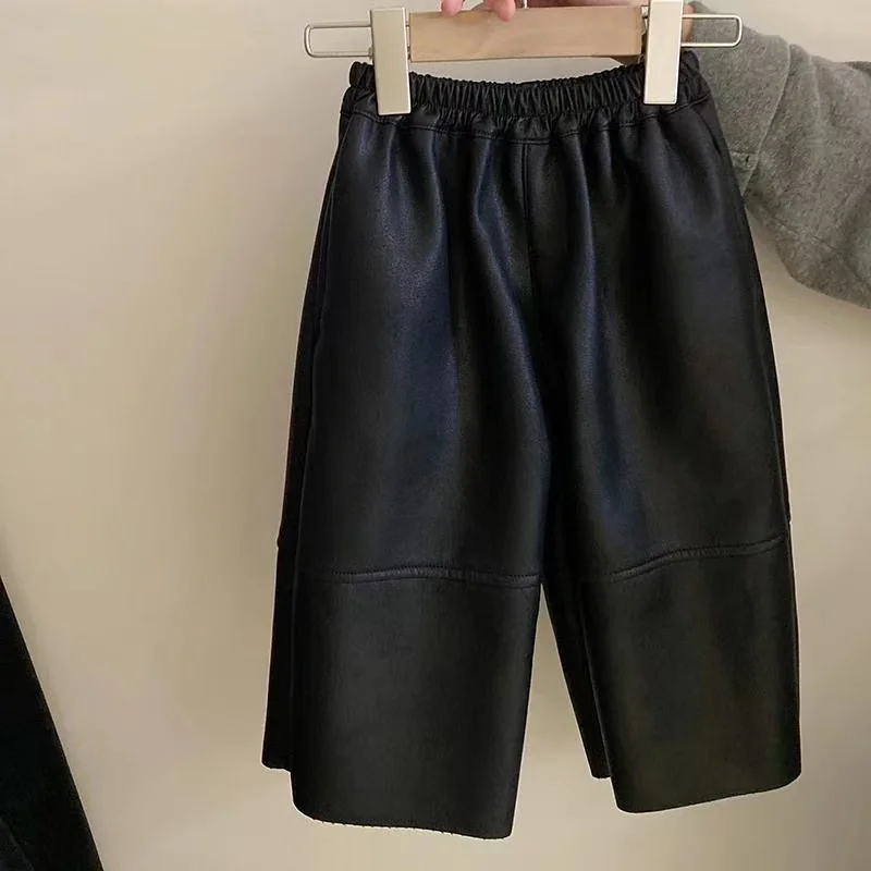 Korean Girl Child PU Clothes 2026 New Thick Plush Trouser Kids Girls Autumn Winter Pants Casual Loose Velvet Leather Pants 2-8YY