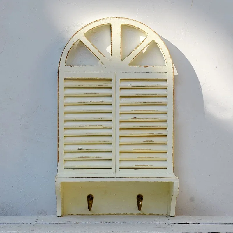 Vintage Wall Mounted Shutter Shelf, White Distressed Wood, Arched Window Design with Hooks, 46.3x27x12.5 cm, Decorative Storage