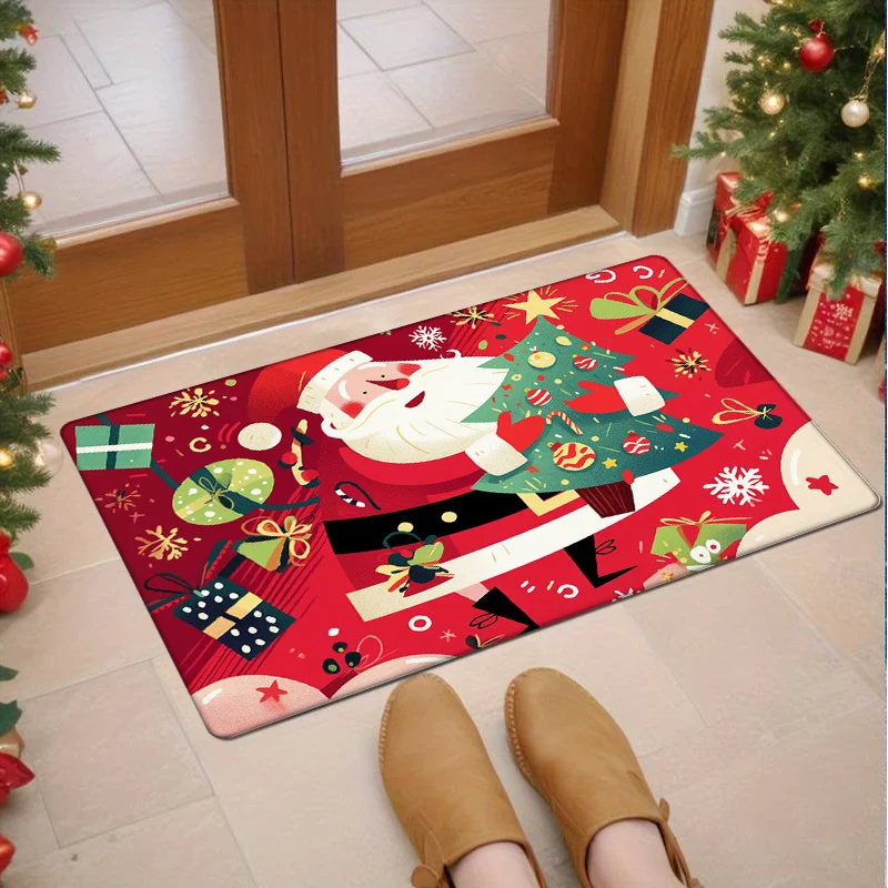

1 шт. праздничный рождественский коврик с Санта-Клаусом — нескользящий, машинная стирка, ультрамягкий полиэстеровый коврик с ярким праздничным принтом для