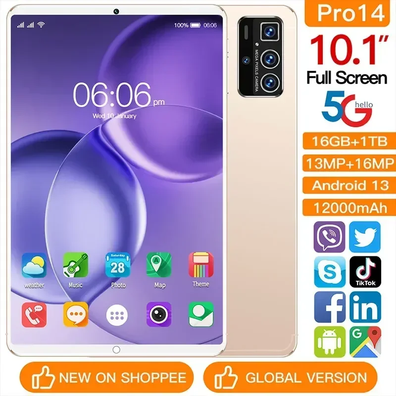 Original Pro 14 Tablet PC Global Version 10.1inch 16GB+1TB Android13 5G, Dual SIM, WiFi, Google Play, GPS, Tablet, 2024