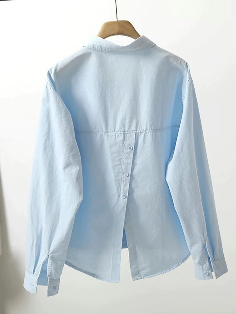 Back Slit Sweet Shirt Women Pure Cotton Loose Preppy Style Cute Blouse Fall Female Long Sleeve Letter Pocket Design Fashion Tops