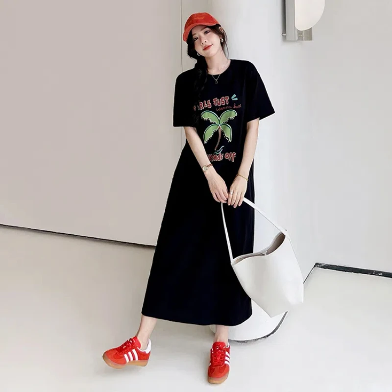 ใหม่ 2025 ฤดูร้อนชุดสตรีหลวมพลัสขนาด Preppy สไตล์ Lady Vestidos พิมพ์เย็บปักถักร้อยแขนสั้นหญิงเสื้อยืดชุด