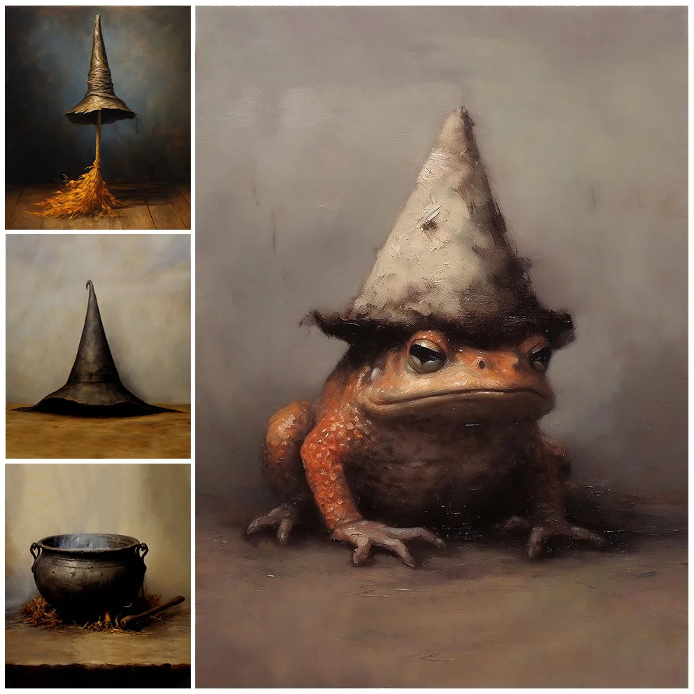 

Witch Broom And Magic Cauldron Gothic Vintage Wall Art Canvas Painting Wizard Toad And Bat Creepy Occult Art Poster Print Decor