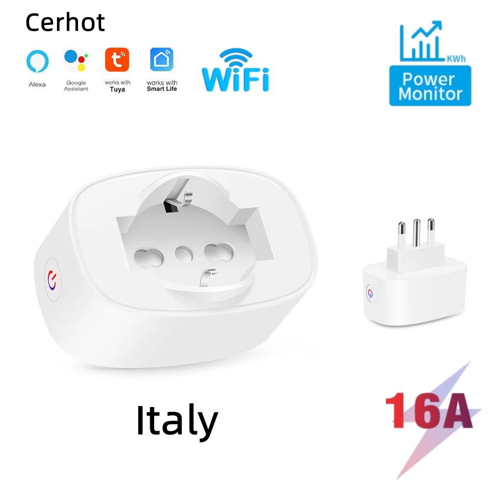 Cerhot-Tuya WiFi Smart Plug, Prise standard italienne avec moniteur d\'alimentation, Smart Life, Télécommande vocale, Google Home, Alexa