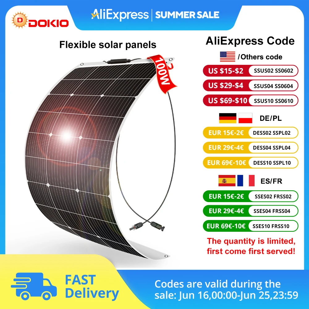 

Dokio 18V Monocrystalline Silicon 100W Flexible Solar Panel Rechargeable 12V Battery Waterproof Solar Panel China