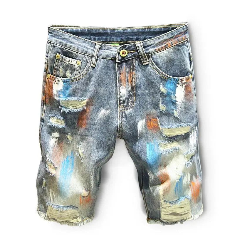 Shorts jeans estampados rasgados para homens, jeans multicoloridos, calças Y2k, moda Hip Hop, Xl original, vaqueiro Harajuku, venda rude