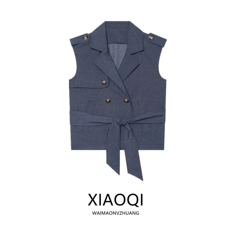 Versatile Double-Breasted Sleeveless Collared Belted New Summer 2026 Women's Vest Fashionable Outerwear All-Season Longevity