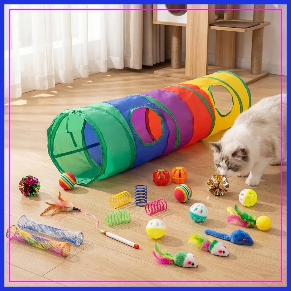 

25 Pcs Cat Toys Variety Pack for Indoor Kittens, 45-inch Rainbow Tunnel, Feather Teaser, Mice, Springs, Balls, Noise Toys
