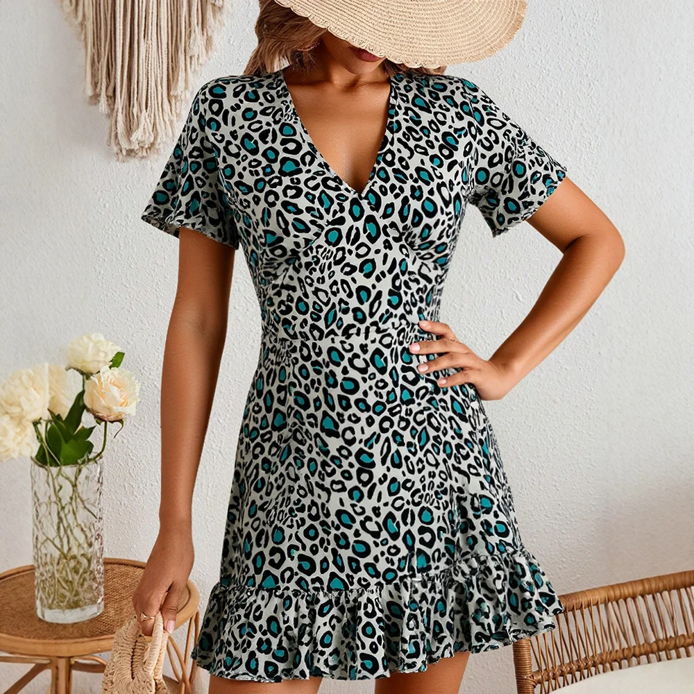 Women‘s Dresses Floral Summer Chic Leopard Boho Ruffle Short Sleeve V-Neck Flounce Mini Vacation A-line Dresses For Women